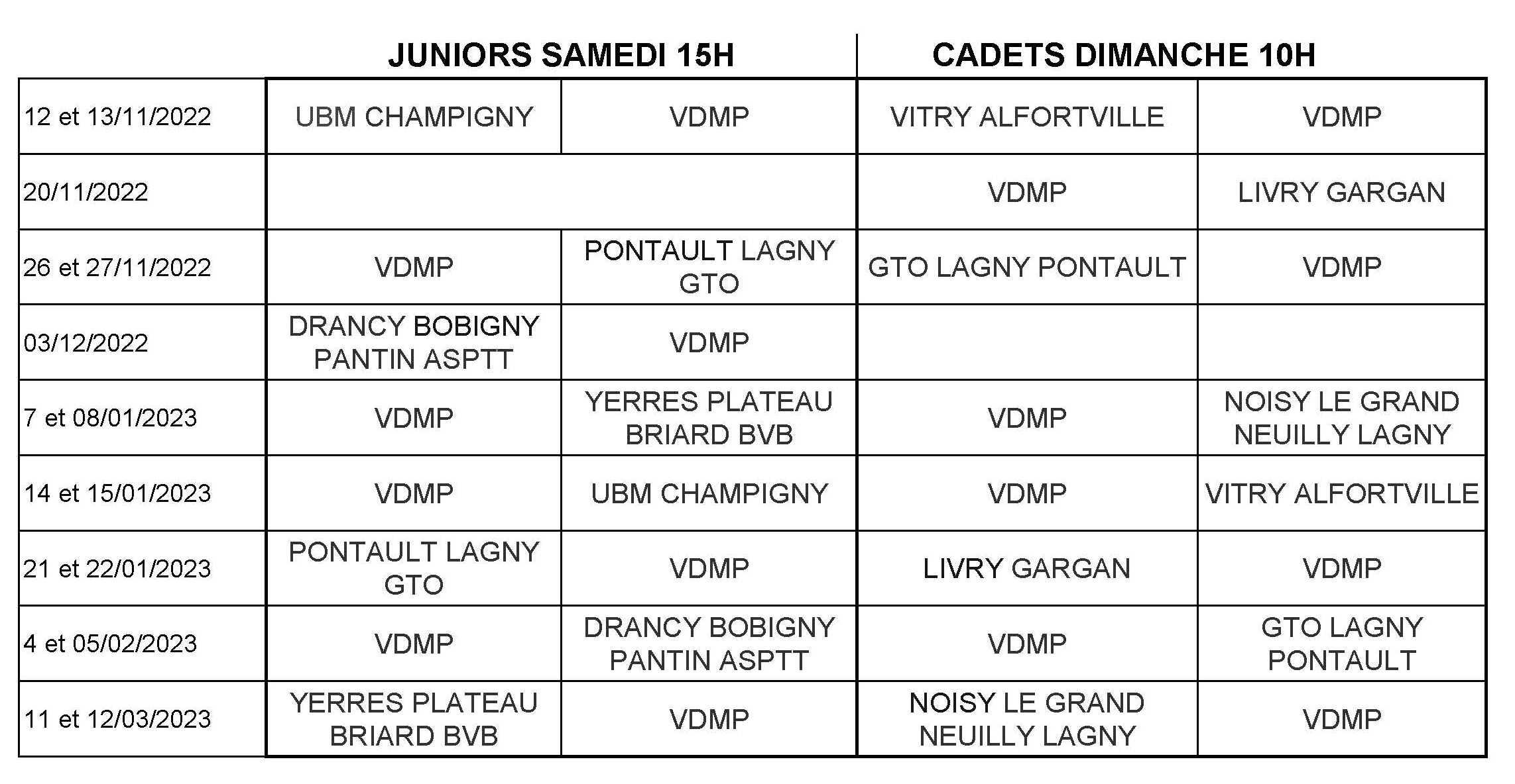 VDMP Calendrier Cadets Juniors 2022 2023